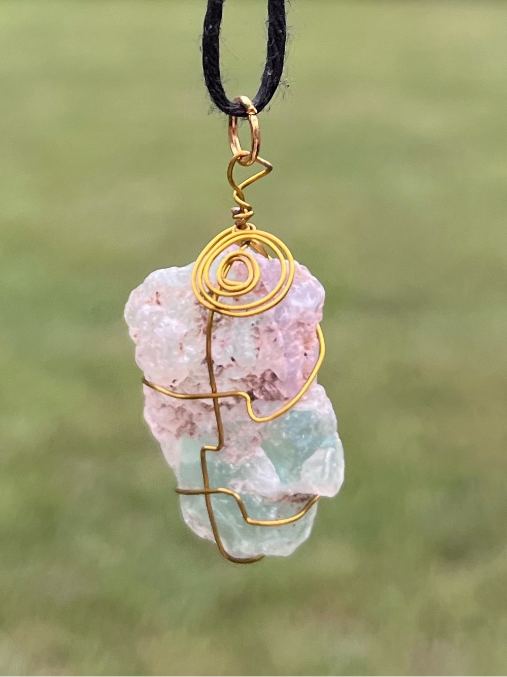 Handcrafted Pink & Mint Fluorite Crystal Wire-Wrapped Pendant Necklace